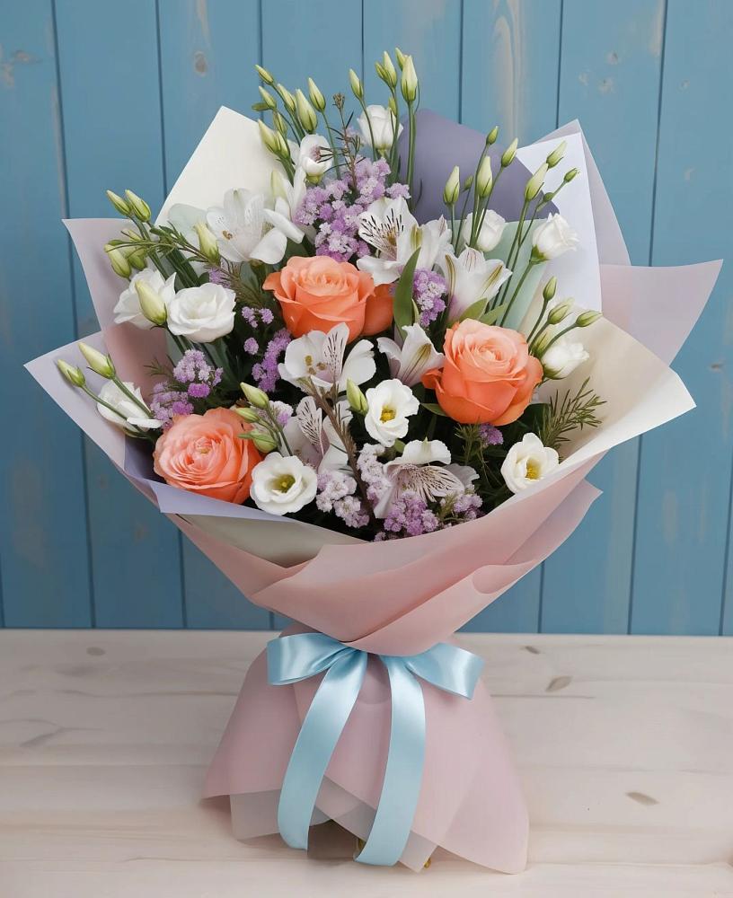 Букет цветов из: Лизиантусы, Розы, Альстромерии и Гипсофила в Манжерок