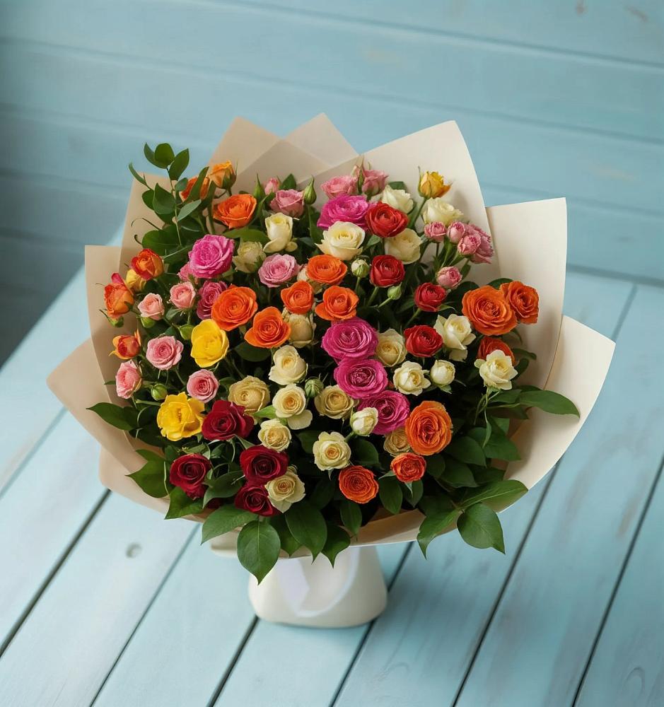 Букет Микс из разноцветных кустовых роз в Манжерок