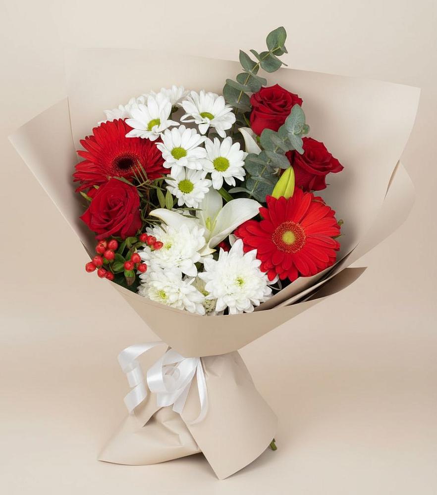 Букет цветов из: Розы, Хризантемы, Герберы и Лилии в Манжерок