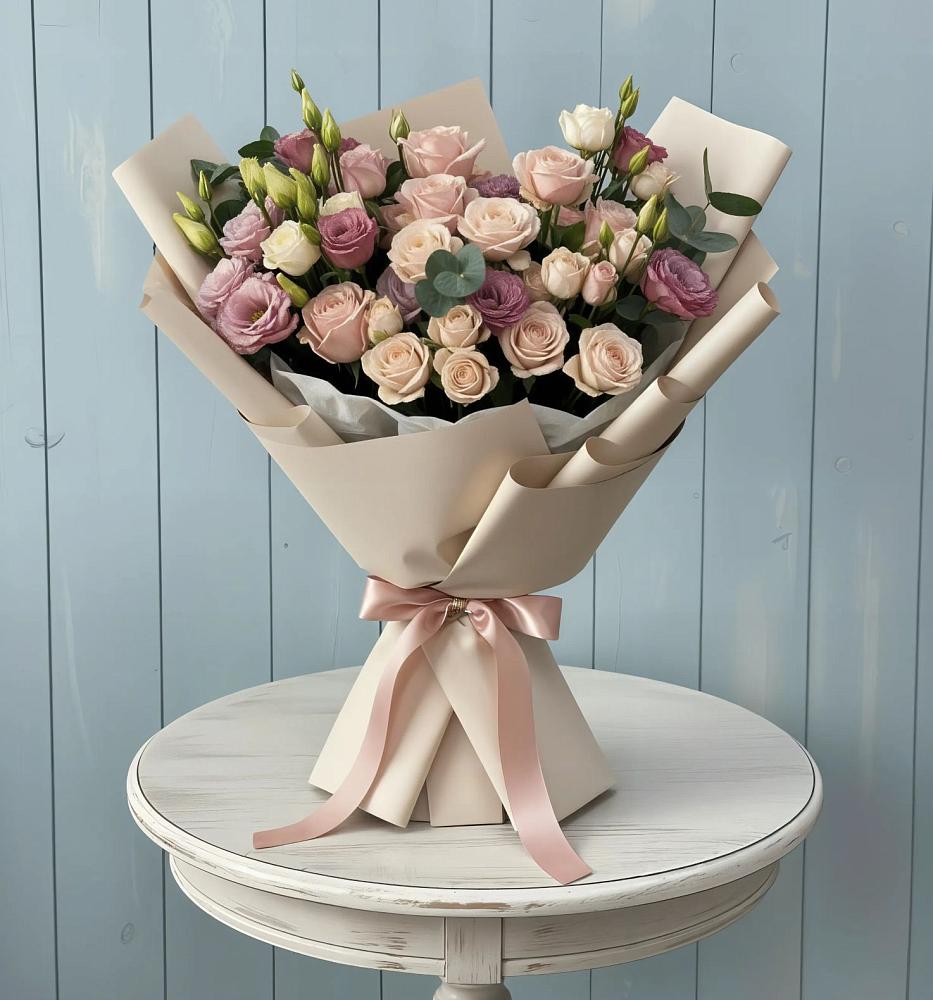 Букет цветов из: Розы и Лизиантусы в Манжерок