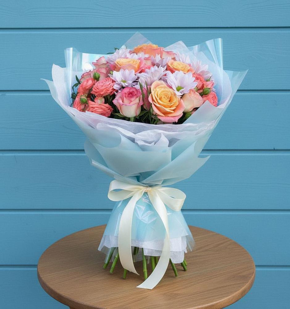 Букет цветов из: Хризантемы и Розы в Манжерок