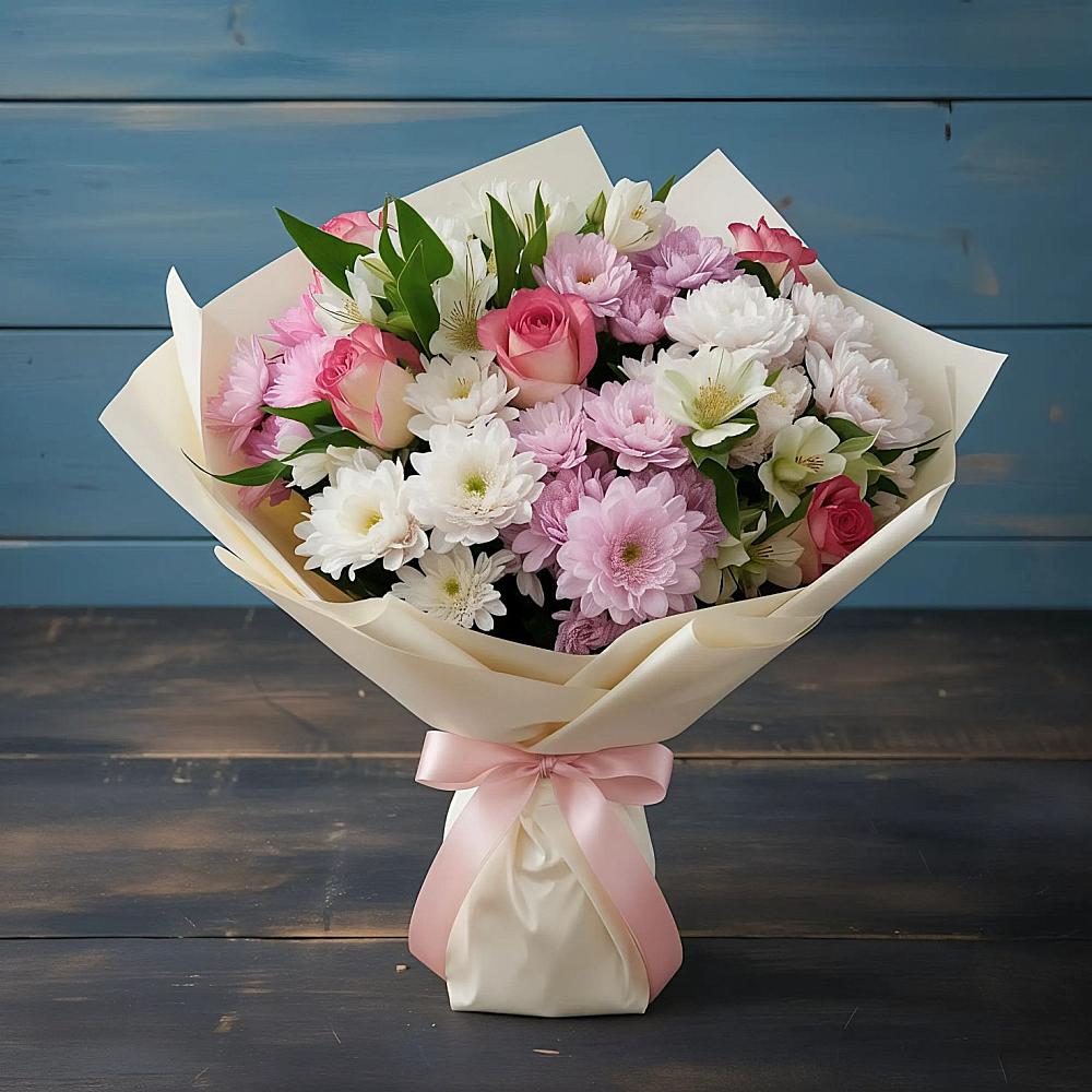 Букет цветов из: Хризантемы, Альстромерии и Розы в Манжерок